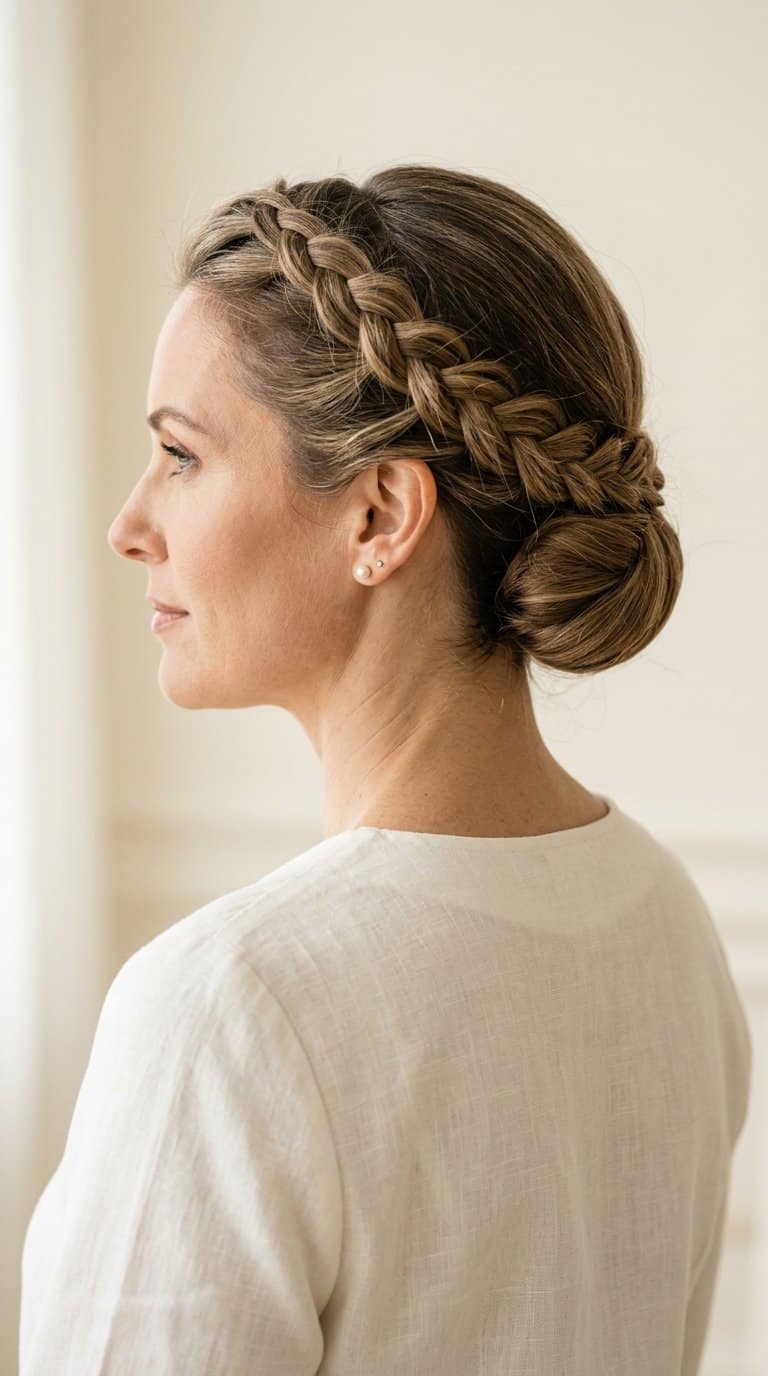 Woman wearing an elegant lace braid tucked into a neat updo.