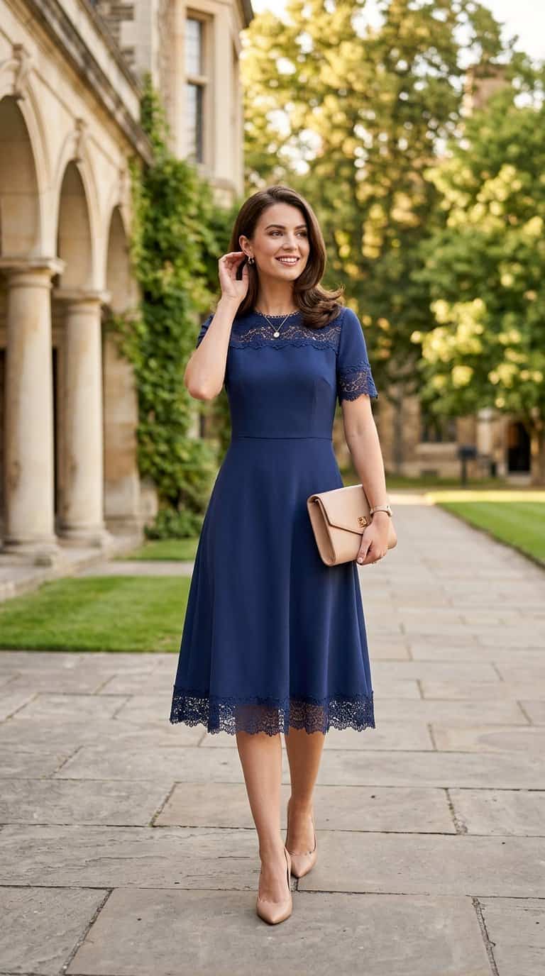 A woman in a lace-trimmed midi dress holds a structured clutch in a university courtyard.