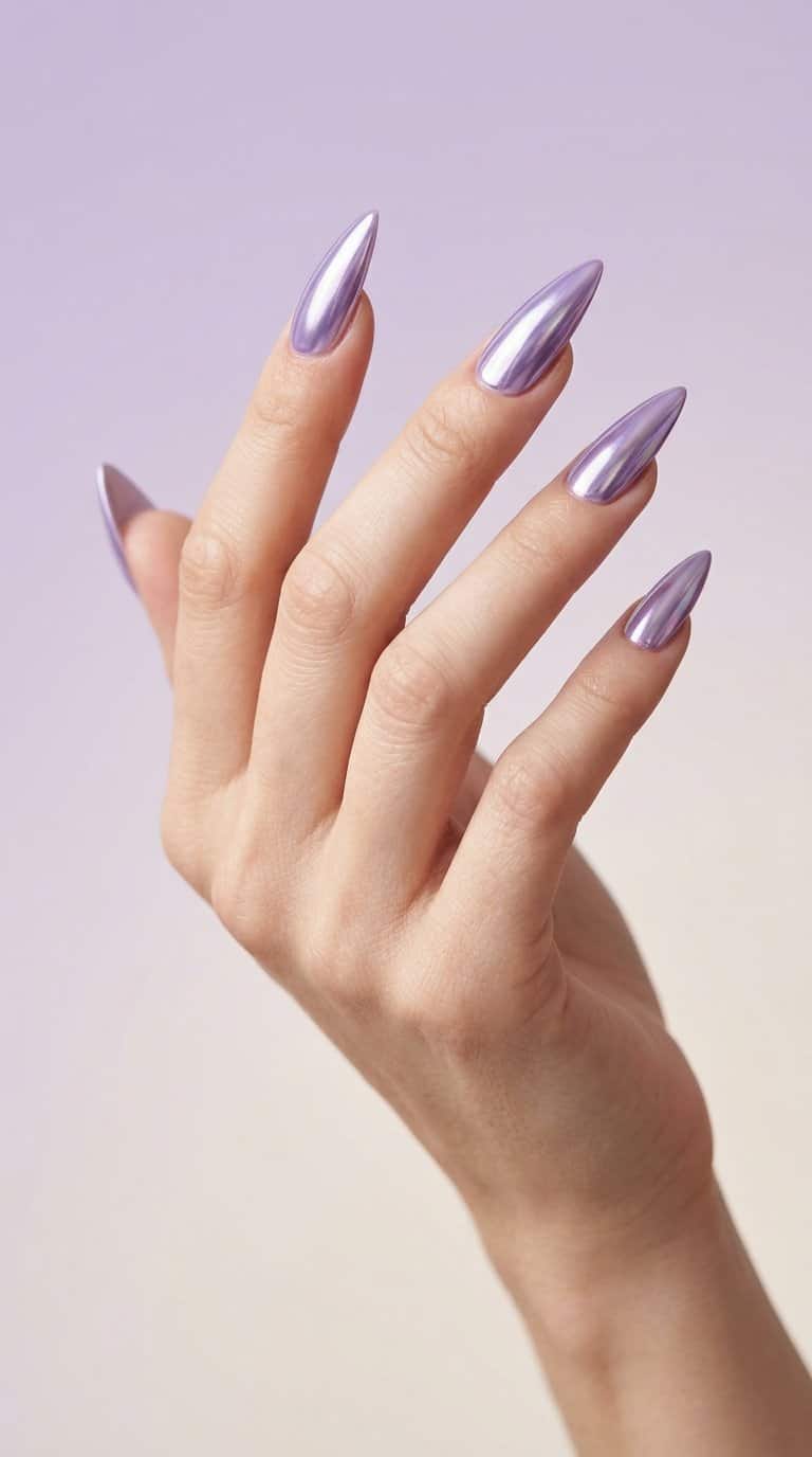 A hand displays long, pointed lavender metallic nails.