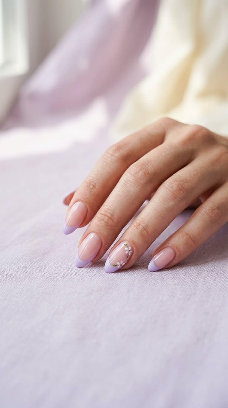 A hand with lavender French tip nails decorated with tiny white flowers.
