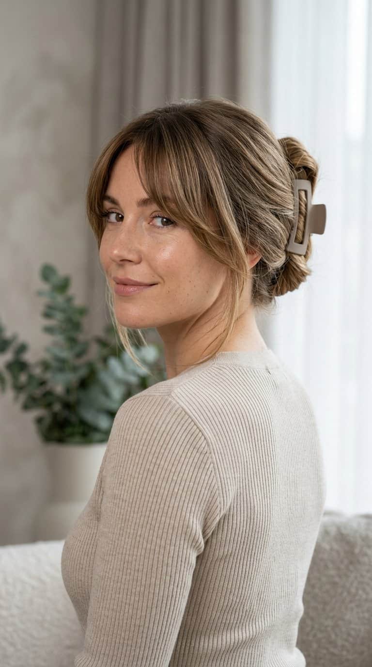 Woman wearing a layered hair twist with curtain bangs and a claw clip.