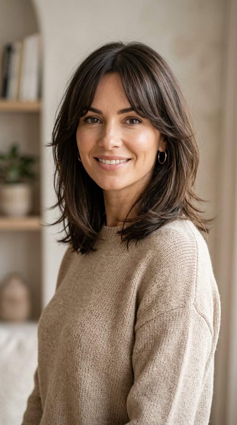 Woman with shoulder-length layered hair and curtain bangs posing against a neutral background.