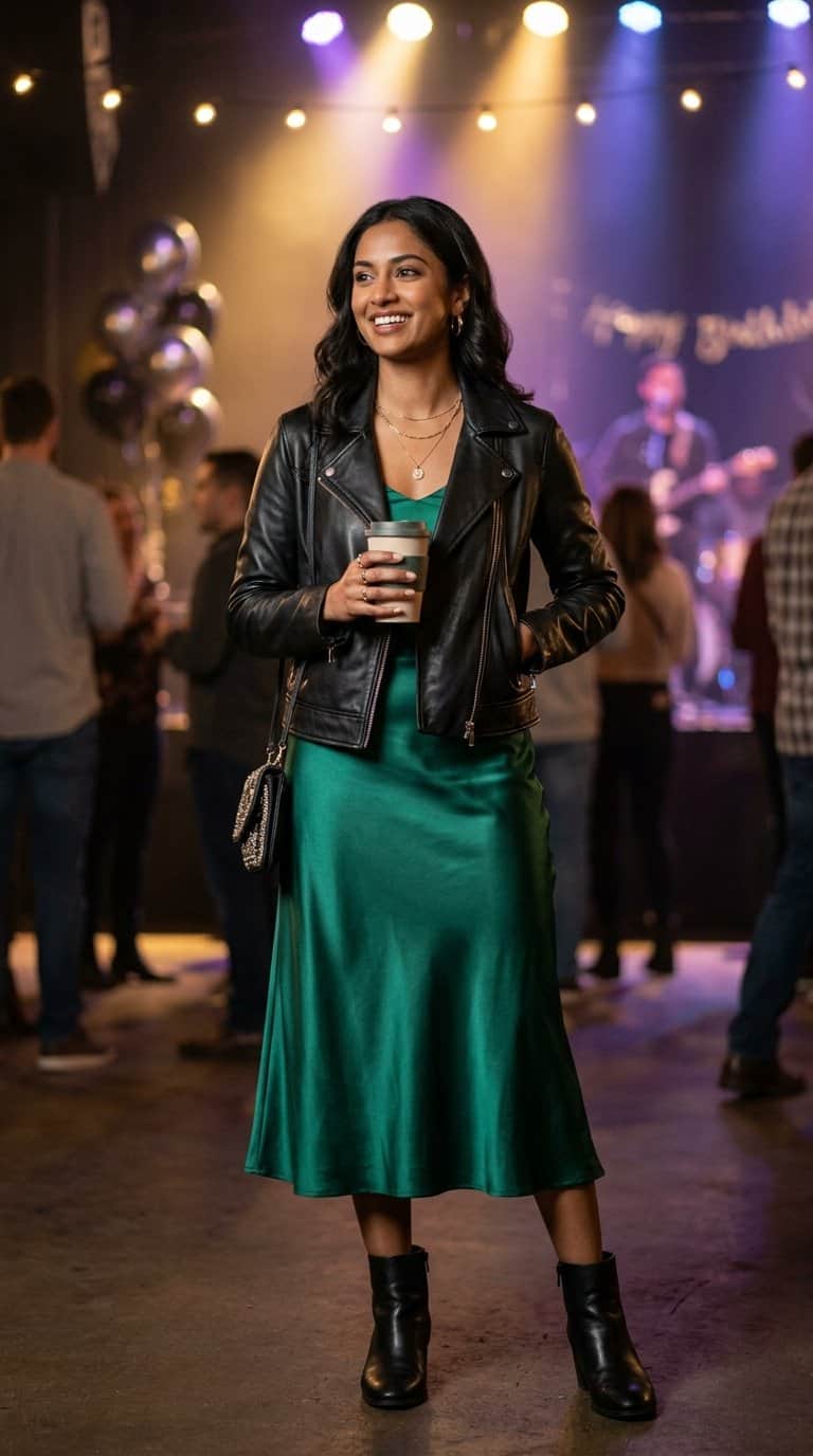 A woman in a leather jacket and satin dress standing at a concert venue.