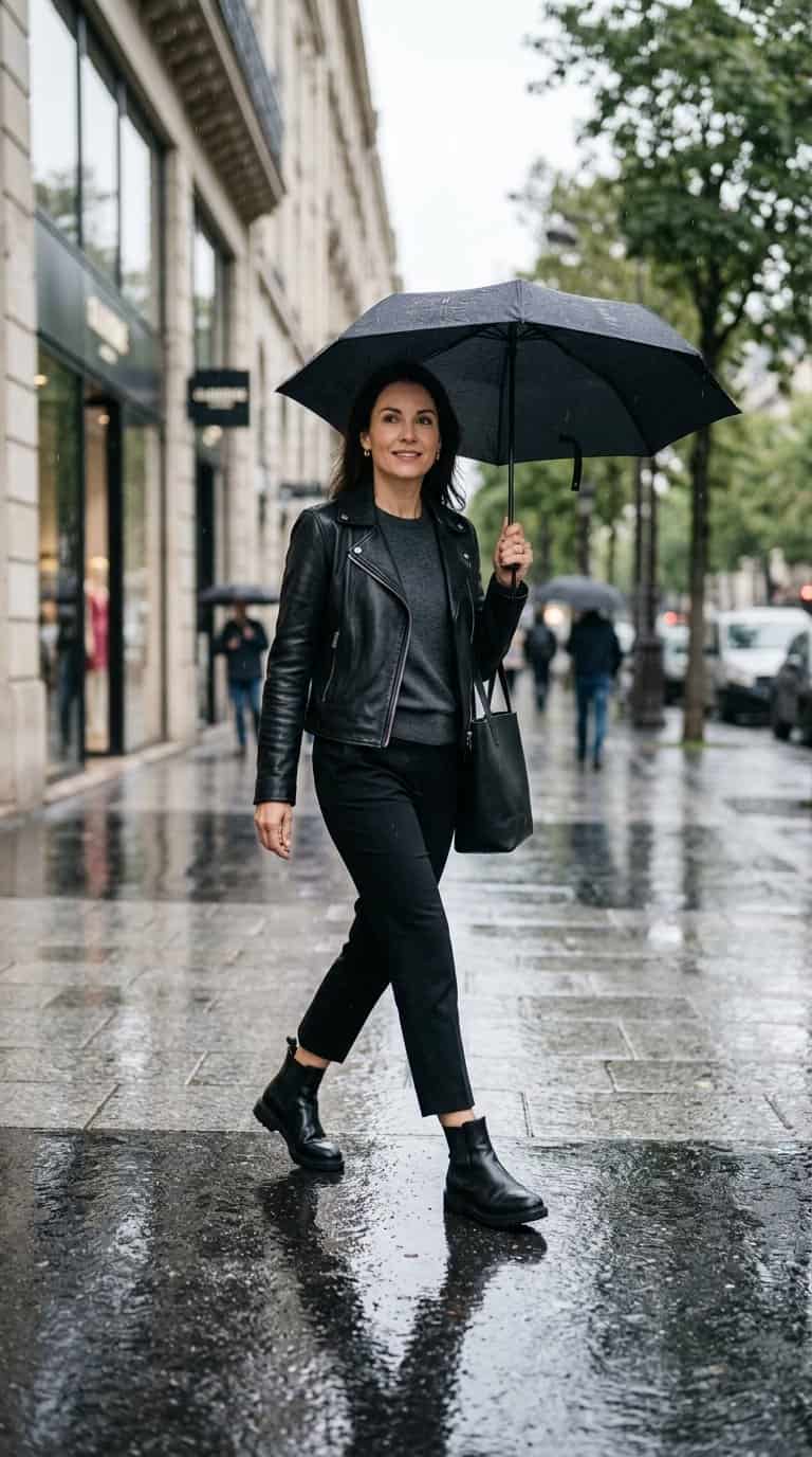 A woman in a black leather jacket and cropped trousers walks with an umbrella on a rainy city sidewalk.