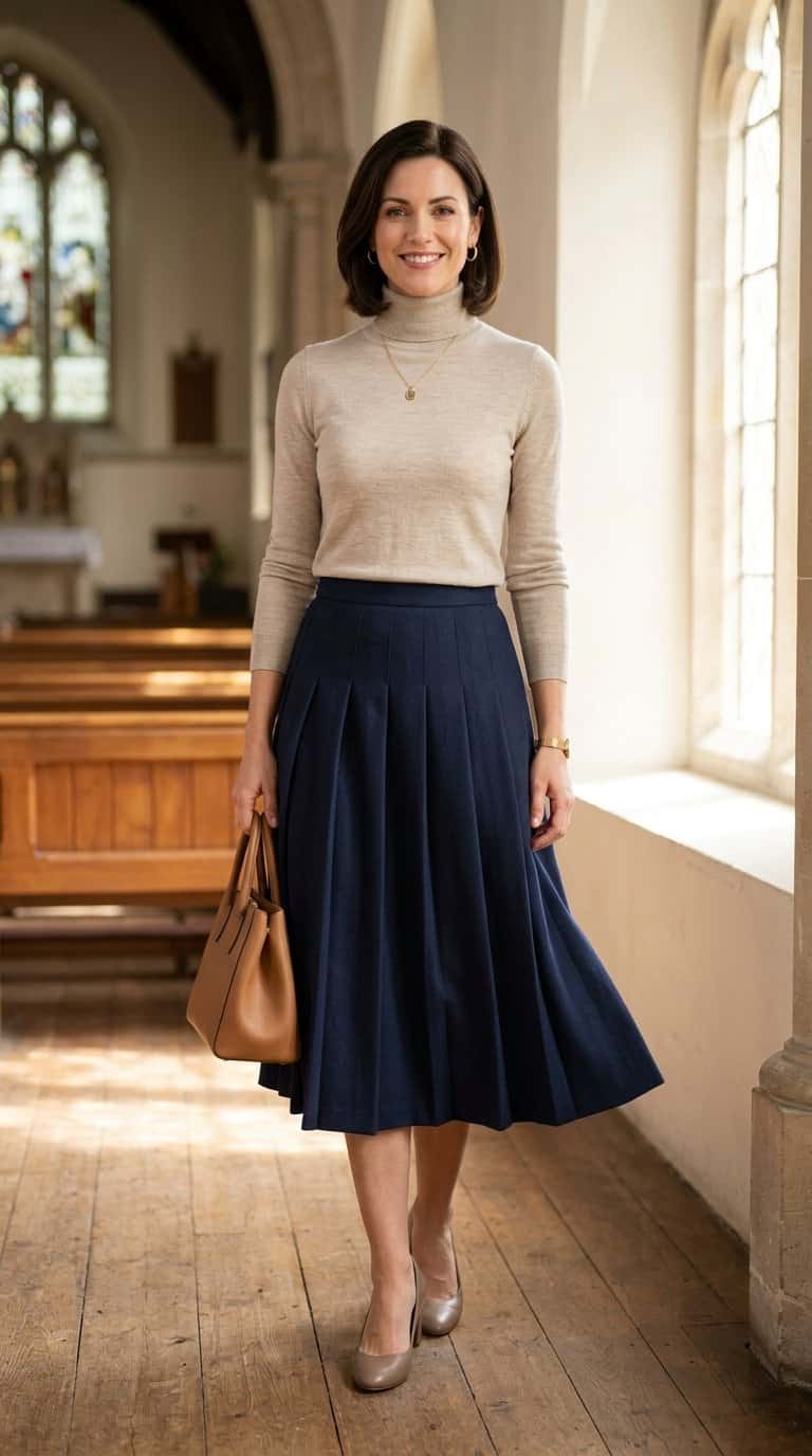 A woman wearing a fitted sweater and A-line midi skirt stands inside a church.