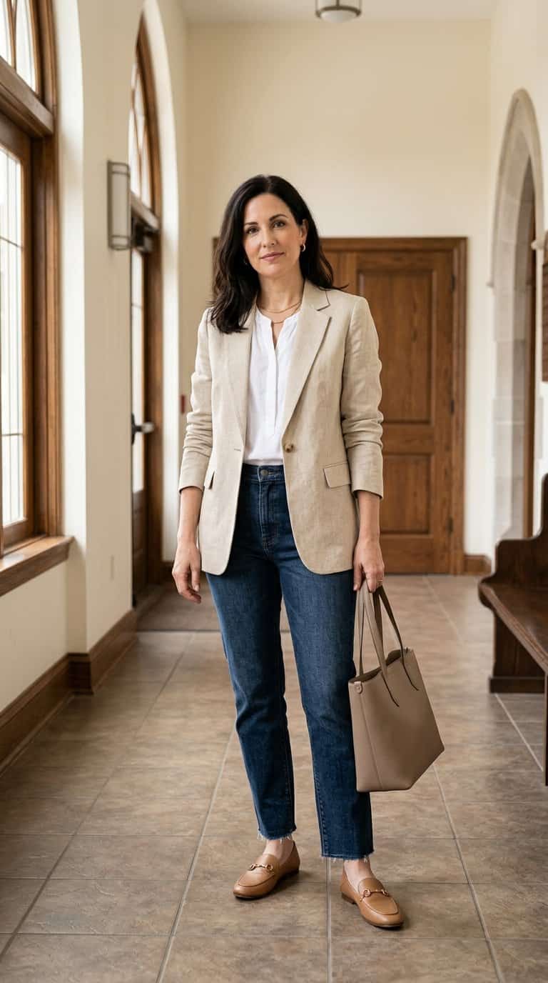 Woman wearing a beige blazer, white blouse, and dark jeans standing in a bright church entryway.