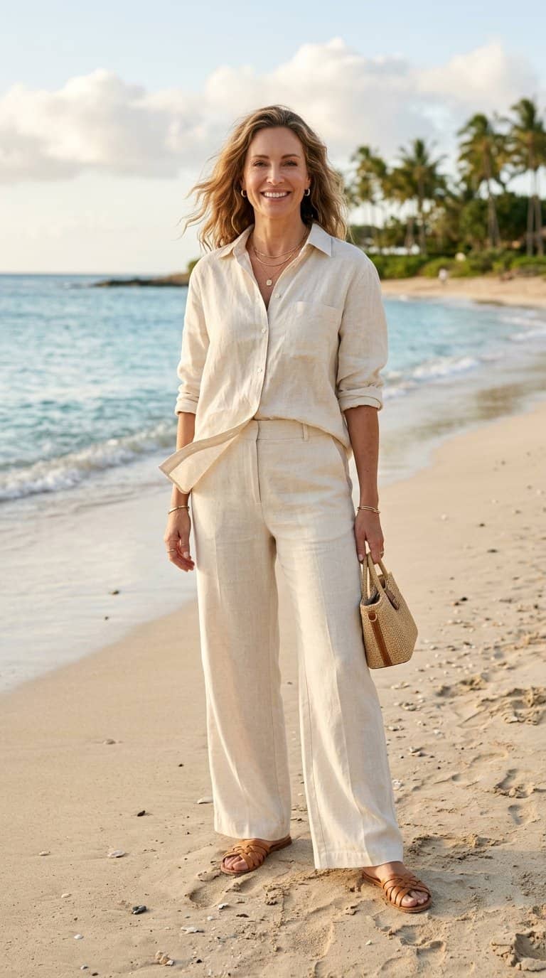 A woman in a light linen co-ord outfit stands on a sunny beach beside the ocean.