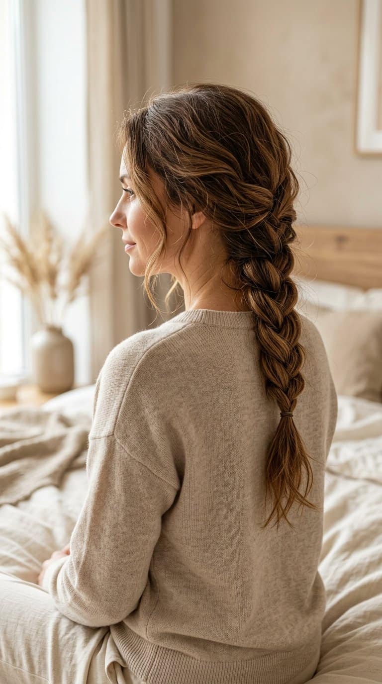 Woman with long brown hair wearing a loose French braid in a bright bedroom.