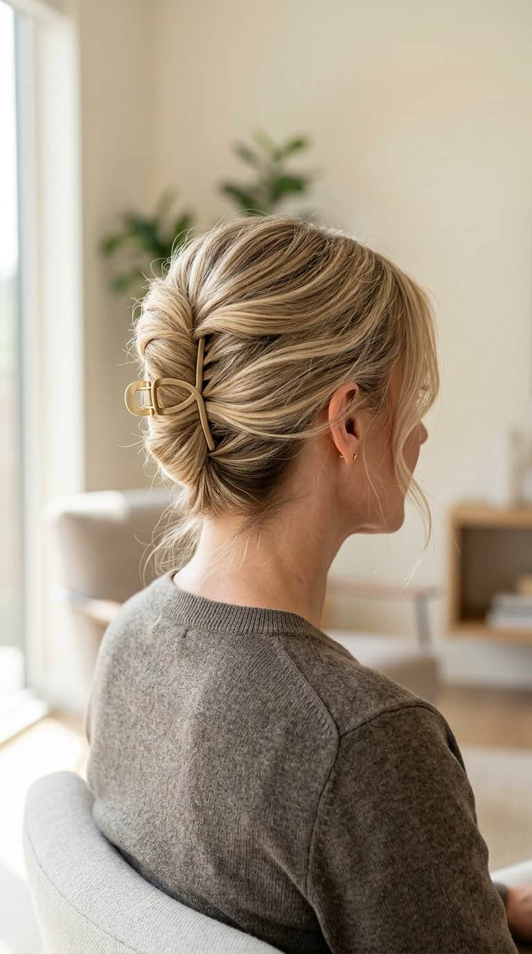 A woman with her hair gathered into a loose twist secured by a claw clip.