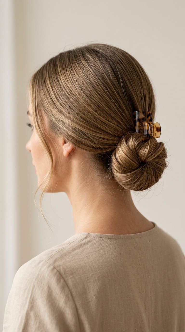 A person wears a low chignon secured with a minimalist clip at the nape of the neck.