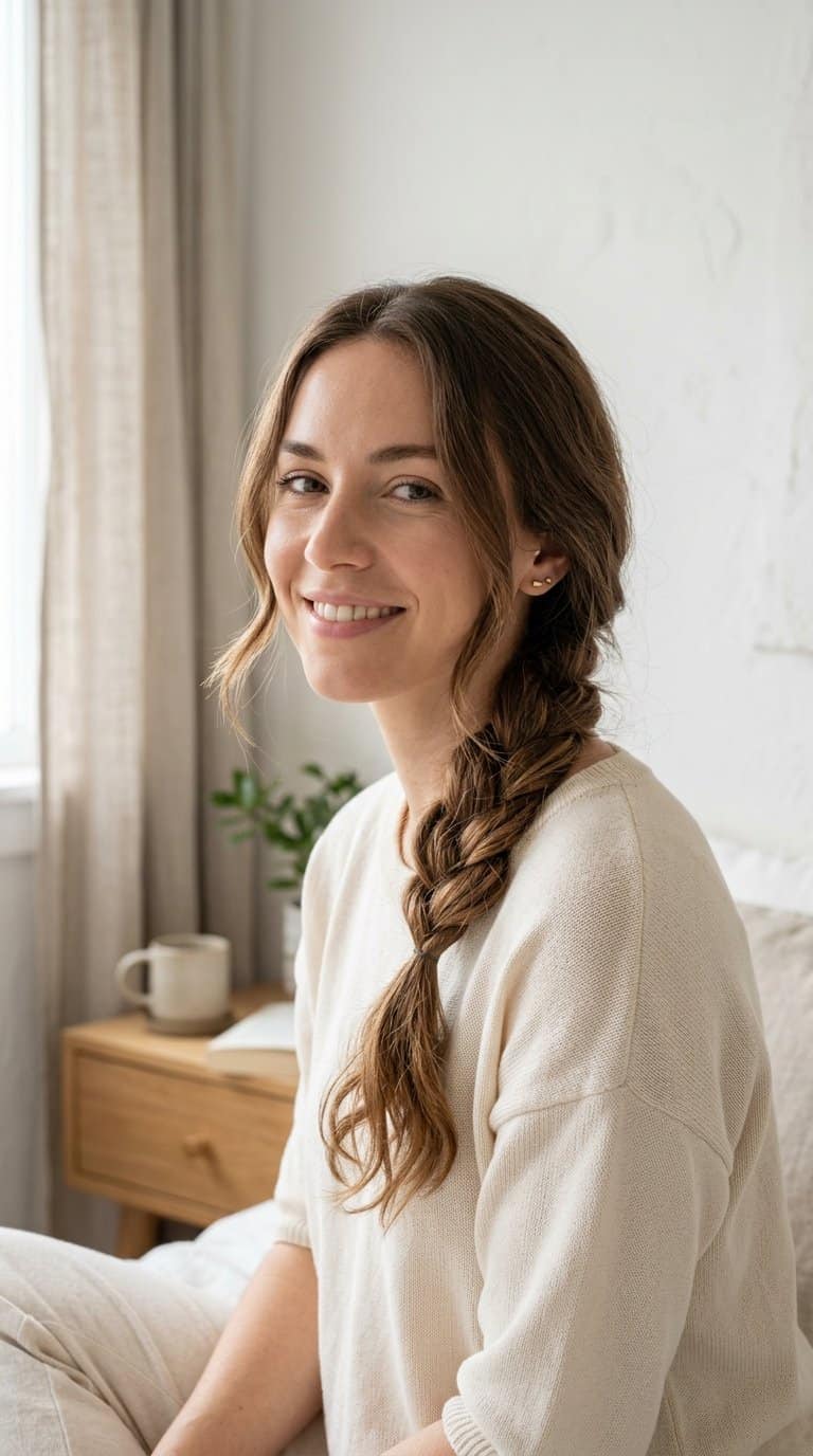 Woman wearing a relaxed low side braid over one shoulder.