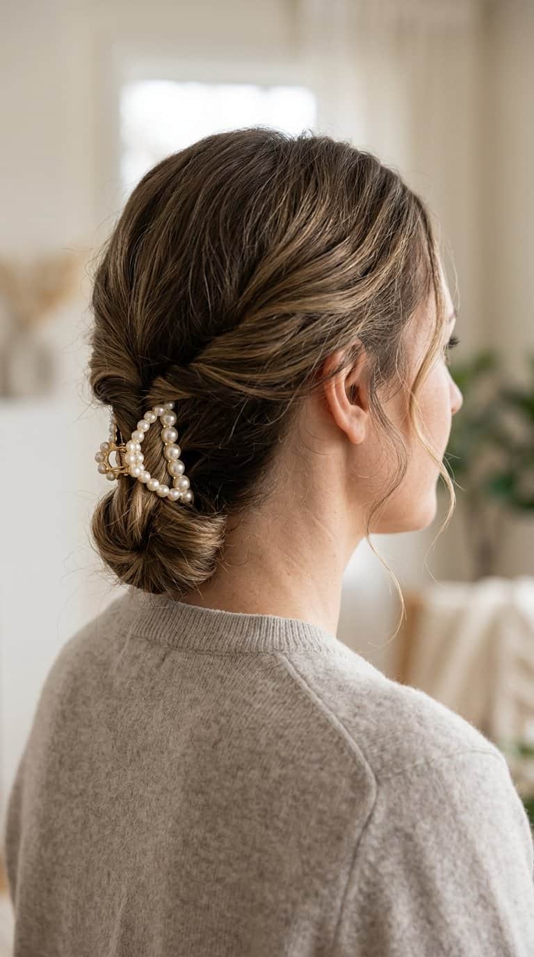 Woman wearing a low side hair twist secured with a pearl claw clip.