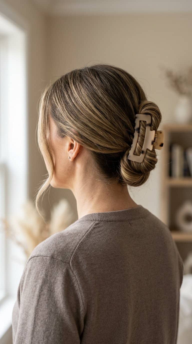 Woman wearing a low twisted bun with loose strands framing her face.