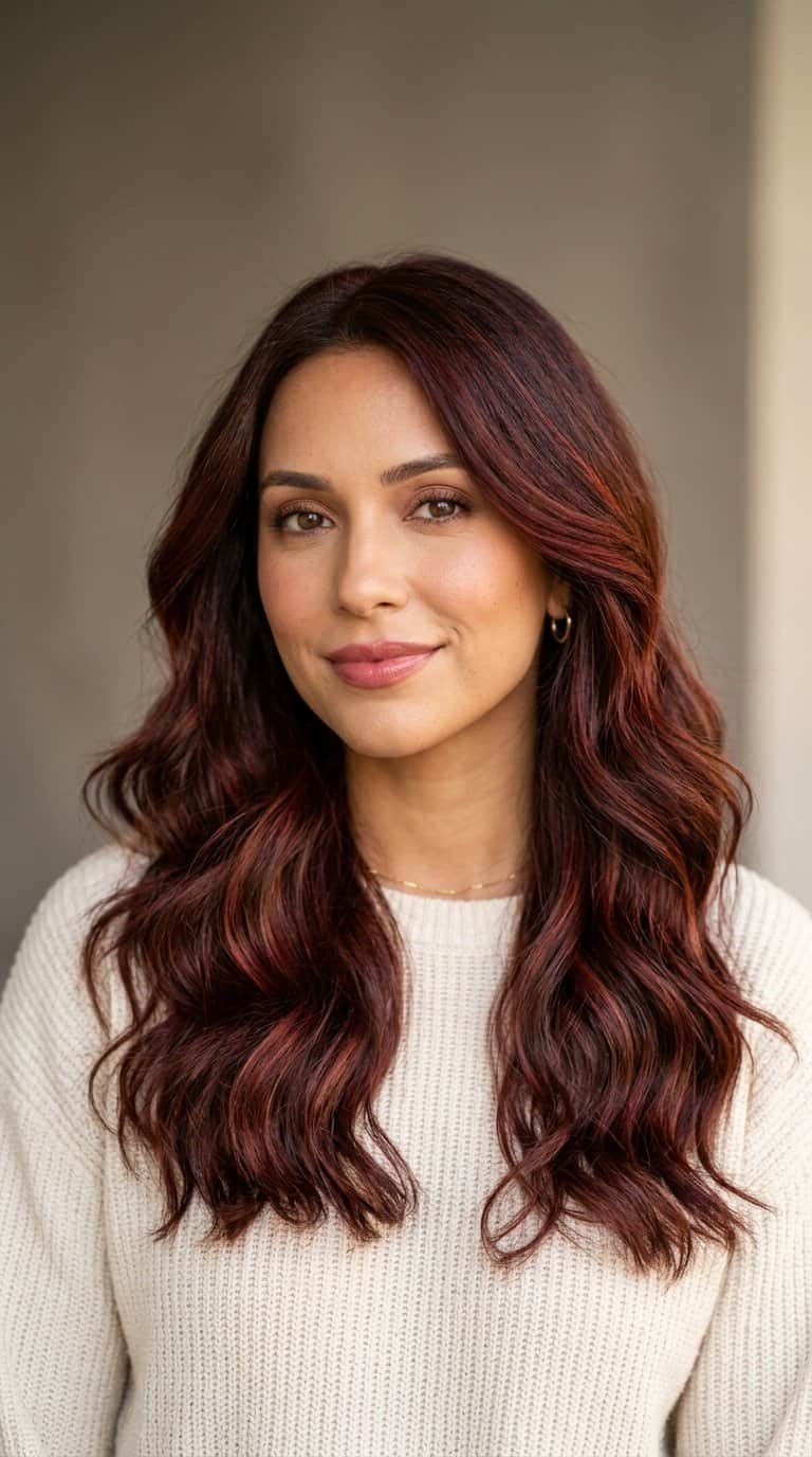 Woman with glossy mahogany-brown hair styled in soft waves and subtle scarlet undertones.