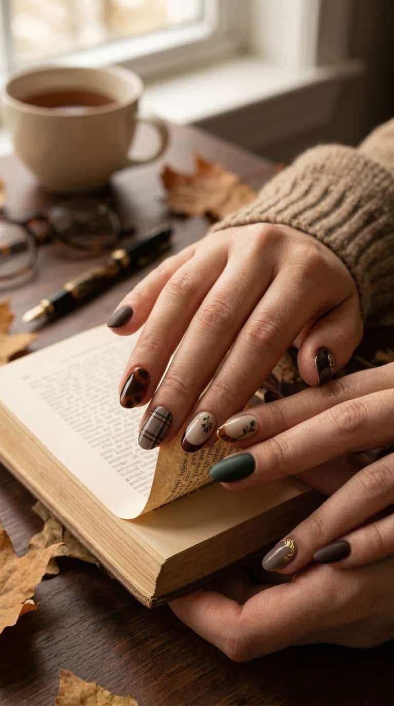 A manicured hand with dark autumn-colored nails rests on an open book beside a knitted sweater, tea, and autumn leaves.