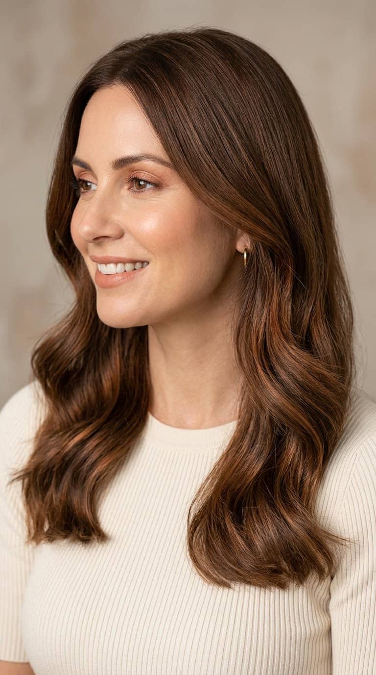 Woman with shoulder-length maple brown hair featuring subtle copper lowlights.