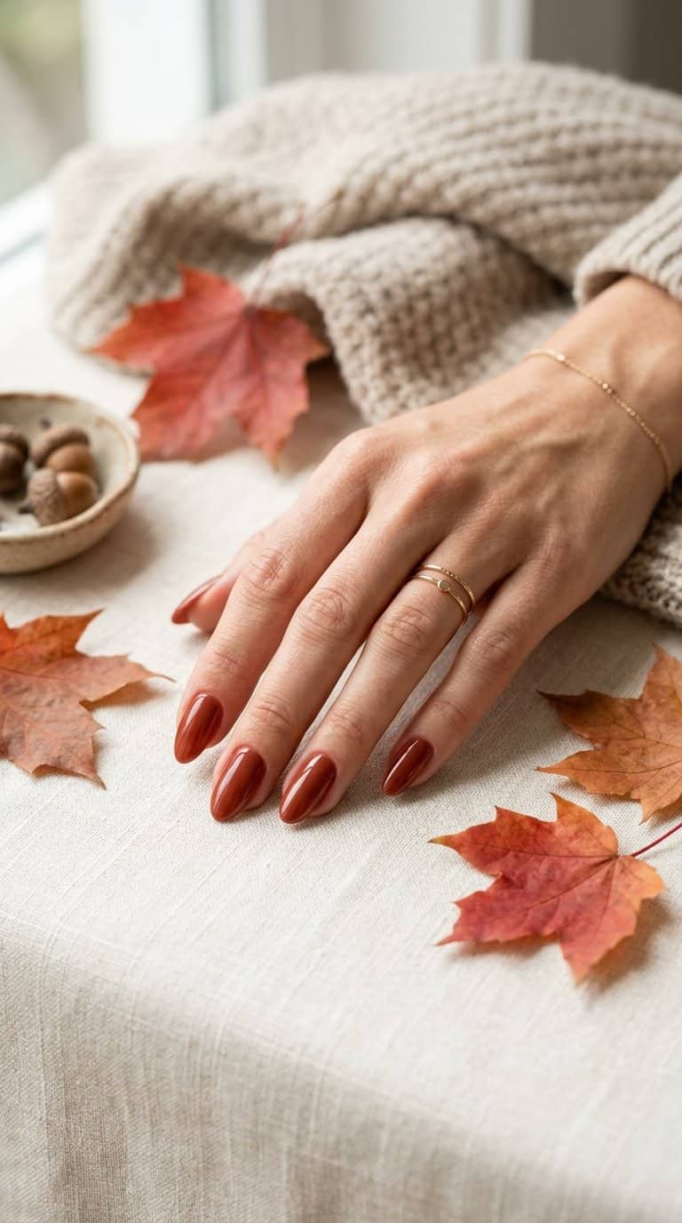 A hand with glossy maple-red nails rests beside autumn maple leaves on a neutral surface.