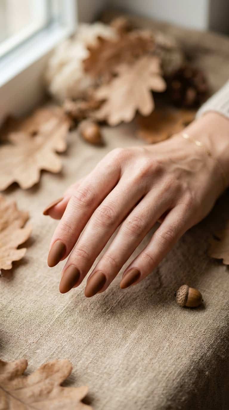 A hand with matte brown almond-shaped nails rests on a warm beige surface beside blurred autumn leaves and an acorn.