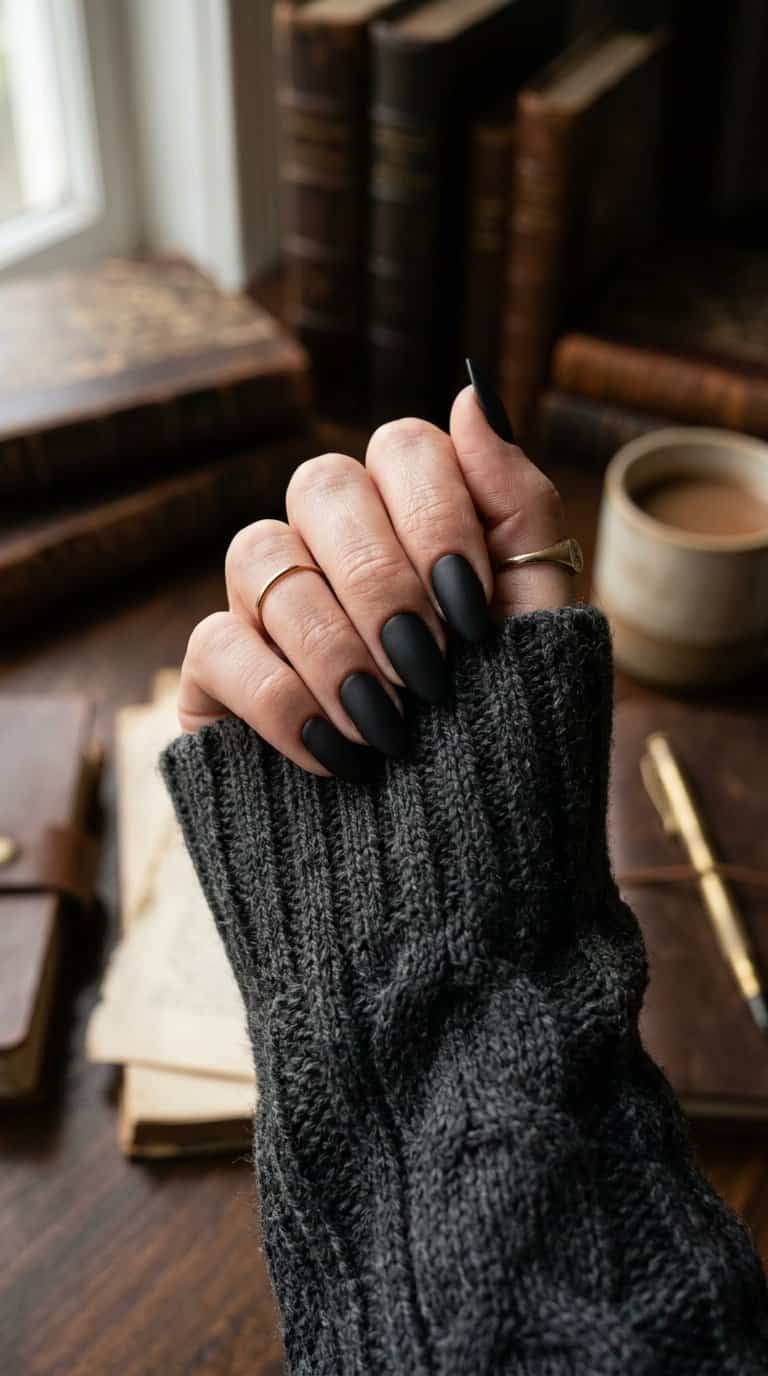 A hand with matte black almond-shaped nails resting on a dark knitted sweater.