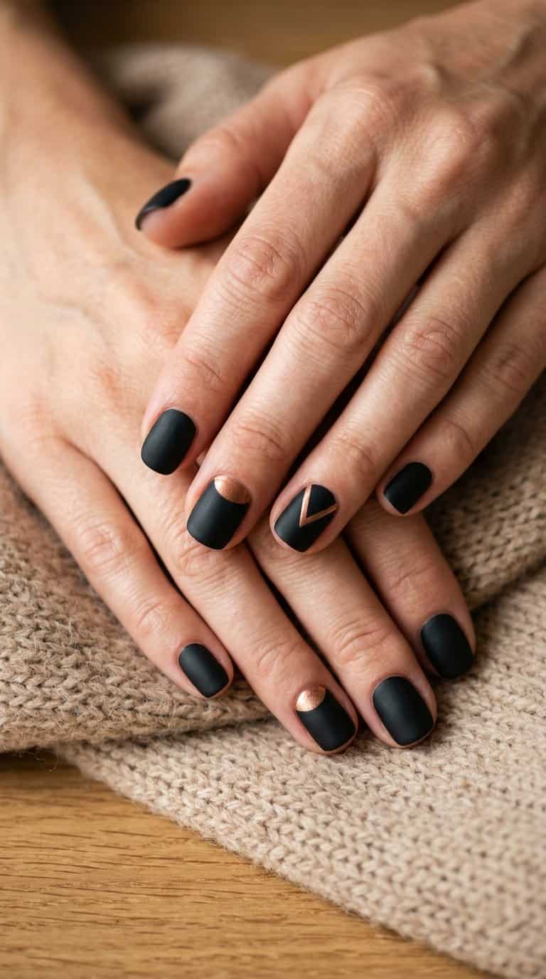 A close-up of short nails painted matte black with copper accents.