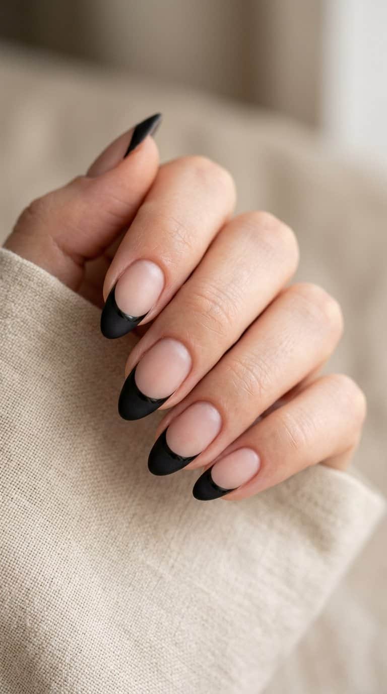 A hand with almond-shaped nails featuring matte black French tips outlined with glossy black edges.