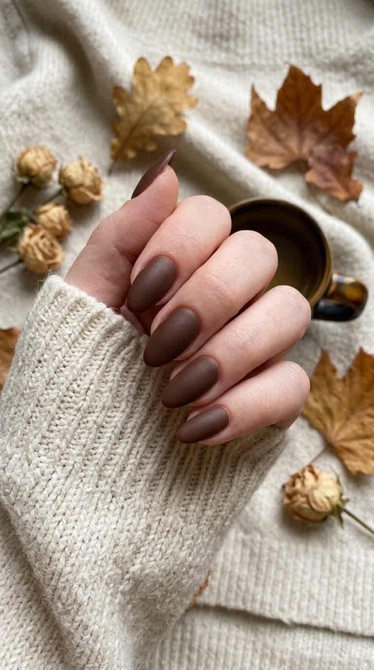 A hand with matte chocolate brown almond-shaped nails resting on a warm neutral surface with autumn accents.