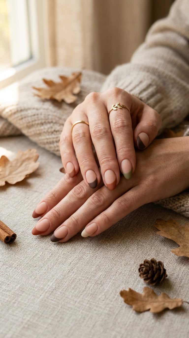 Close-up of hands with matte French-tip nails in warm autumn colors resting among subtle fall decorations.