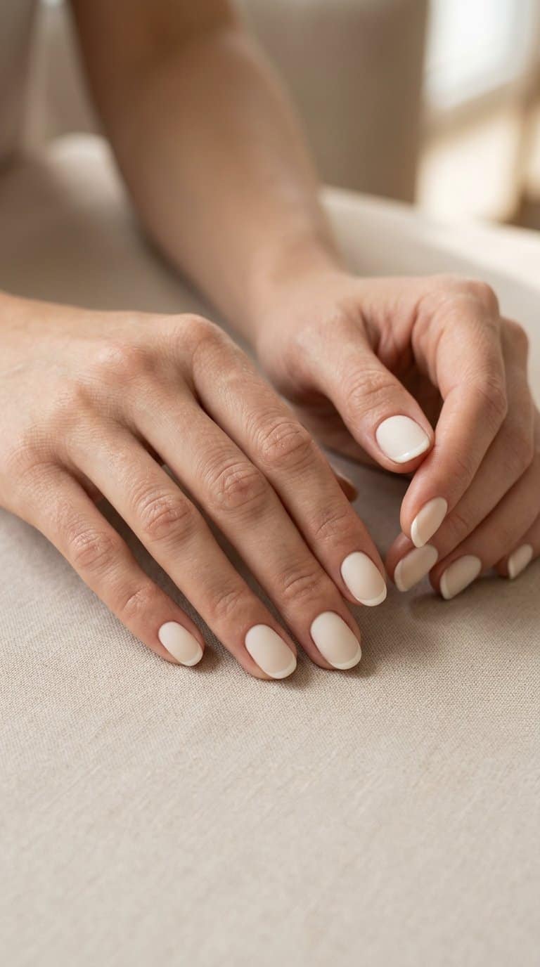 A pair of hands with matte ivory nails and glossy ivory tips resting on a neutral surface.