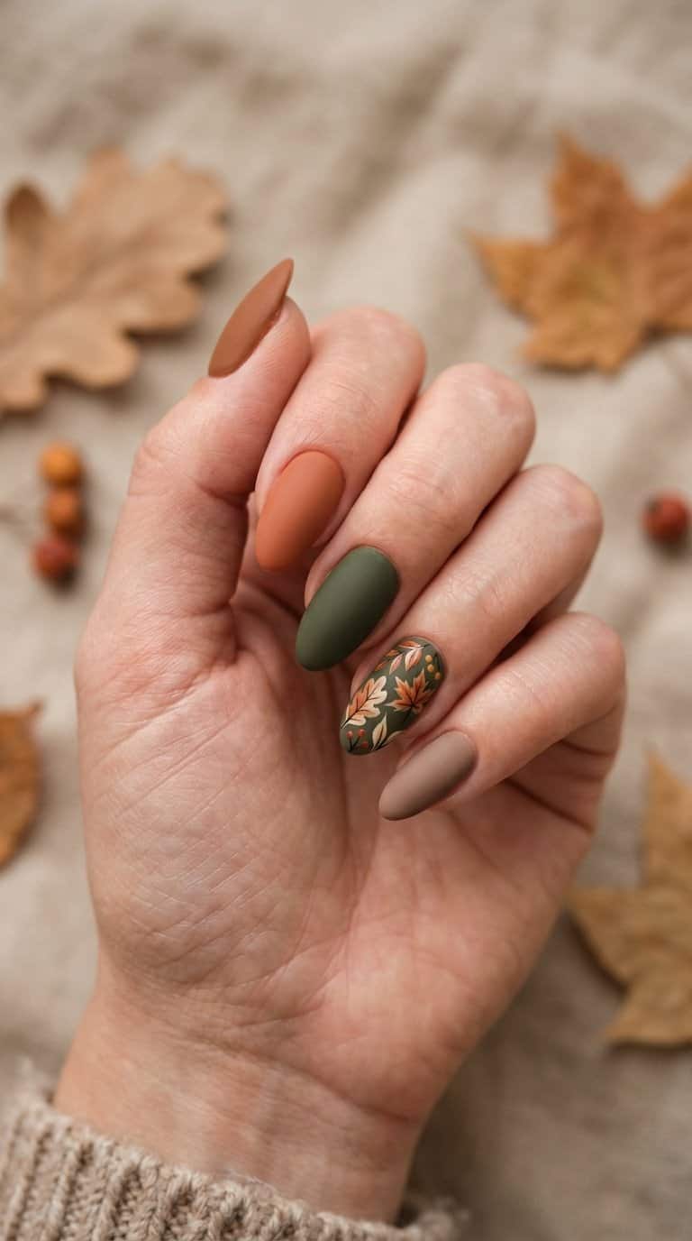A hand displays matte autumn-colored nails with delicate leaf designs on two accent nails.