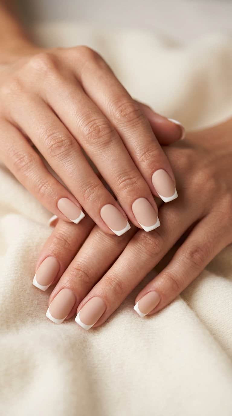 A close-up of manicured hands with matte nude nails and glossy white French tips resting on a light surface.