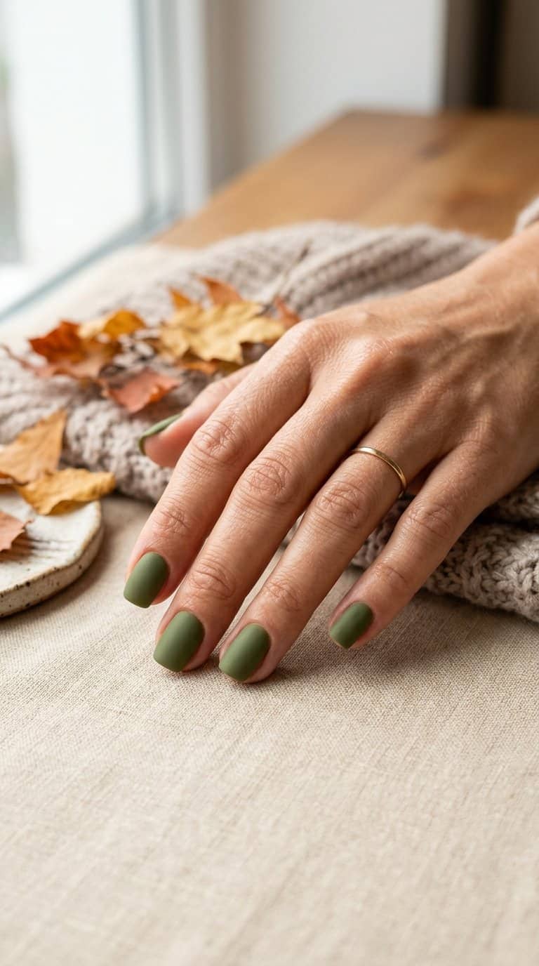 A hand with short matte olive green nails resting on a neutral surface.