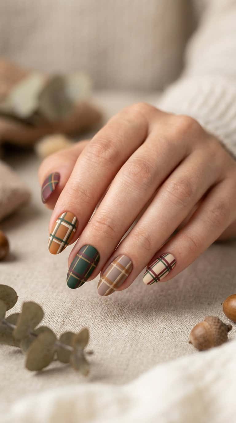 A hand with neatly manicured nails painted in muted autumn-colored matte plaid patterns.