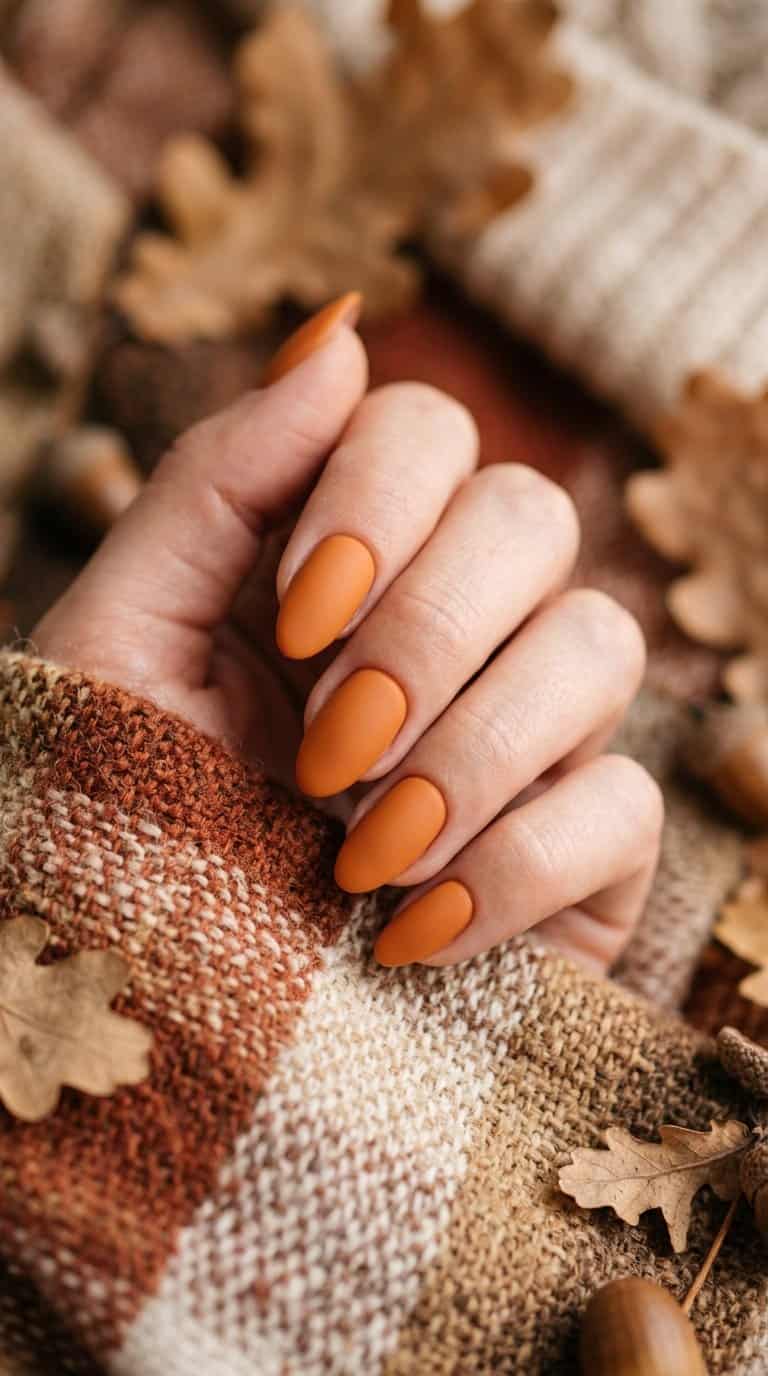 A hand with matte pumpkin-orange almond-shaped nails resting on a warm autumn-colored surface.