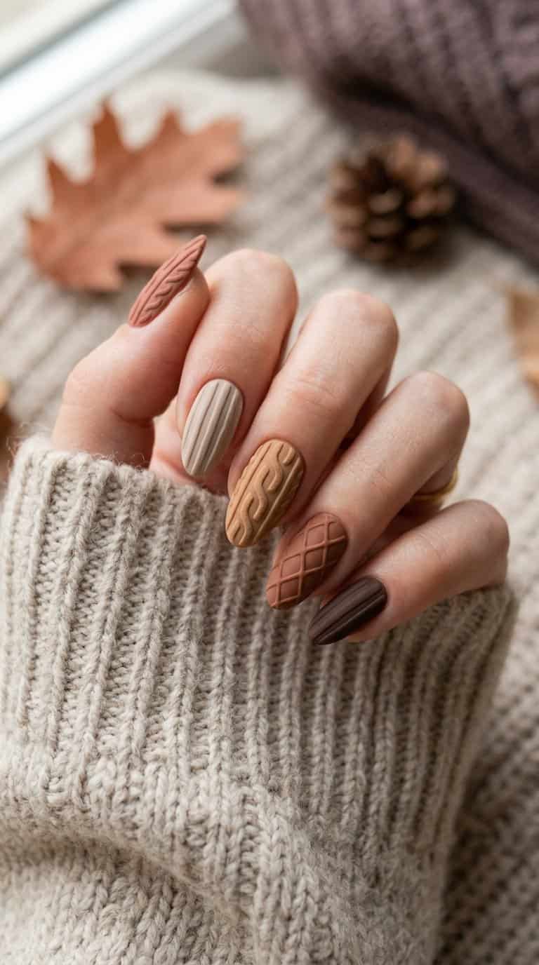 A hand with matte autumn-colored nails featuring raised sweater-knit patterns rests on soft knitted fabric.
