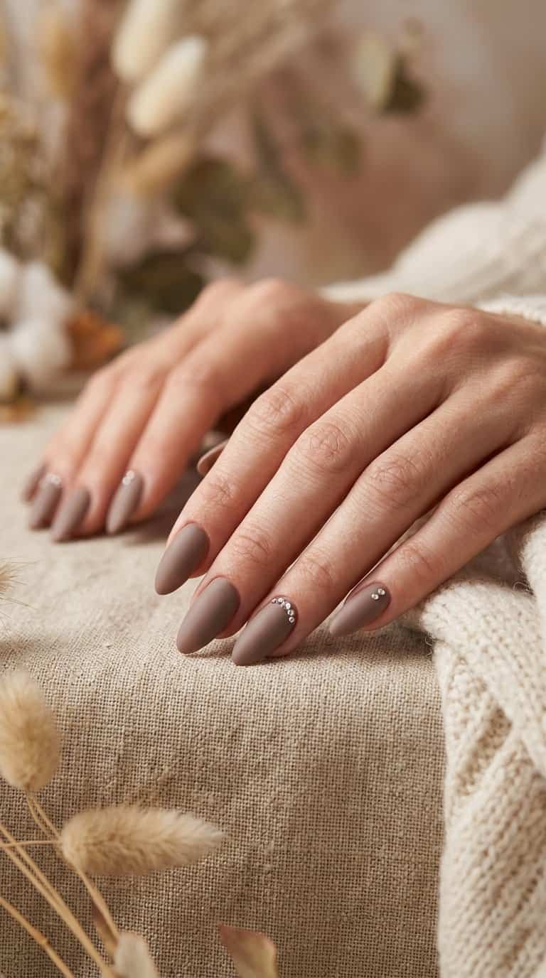 A close-up of hands with matte taupe almond-shaped nails decorated with small rhinestones.