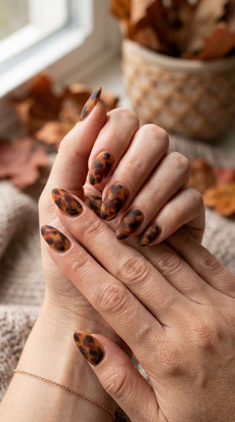 A hand displays almond-shaped matte tortoiseshell nails in warm brown and amber tones.