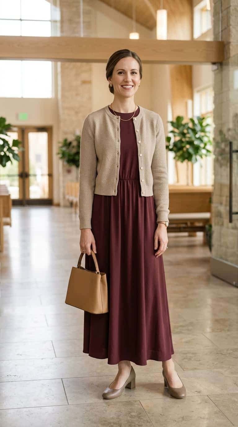 A woman in a maxi dress and cropped cardigan stands in a bright church foyer.