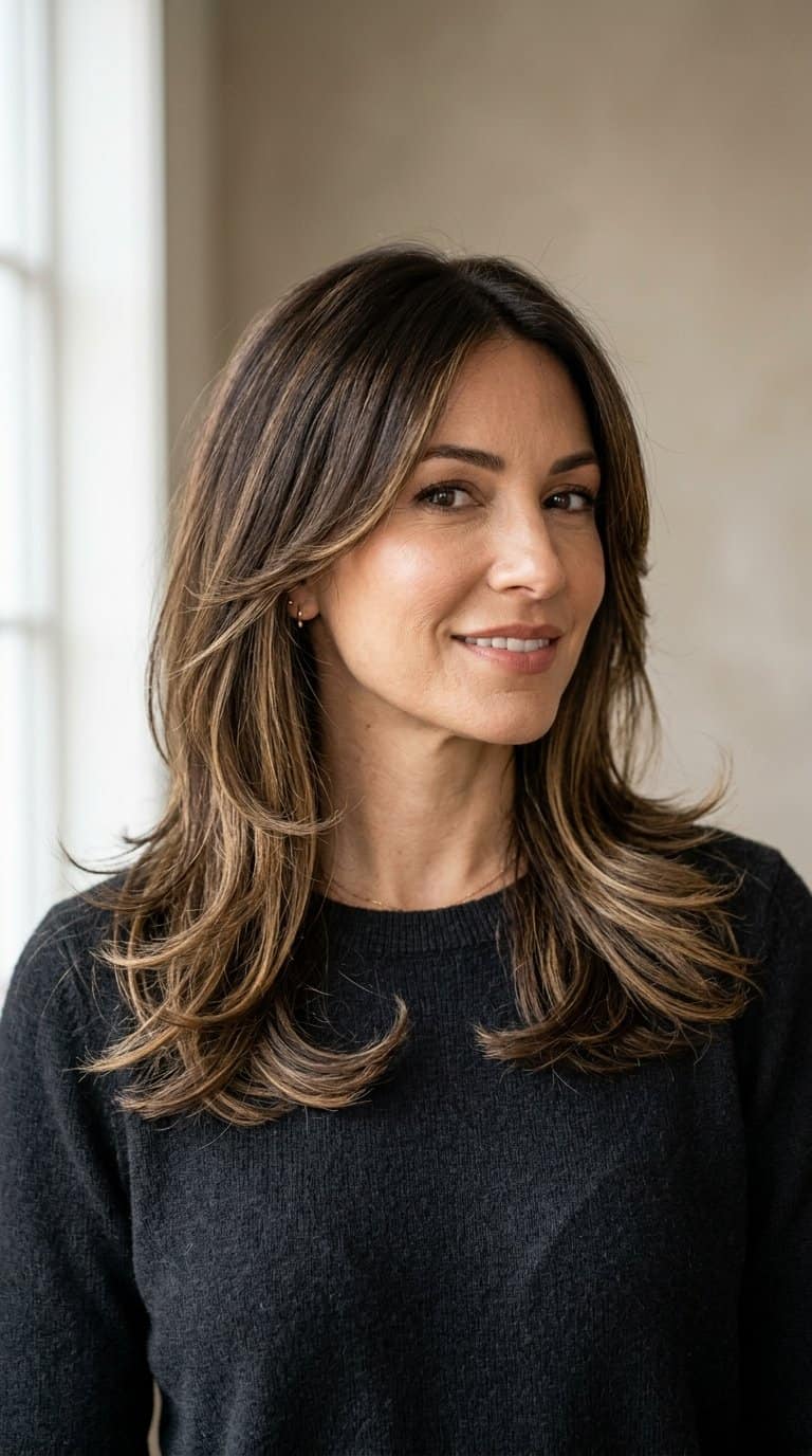 Woman with shoulder-length layered hair posing against a neutral background.
