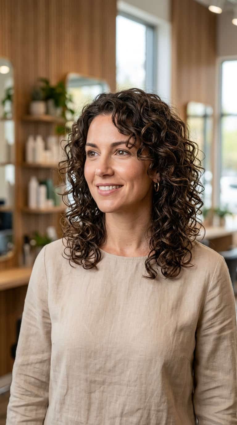 A woman with shoulder-length curly hair poses indoors.