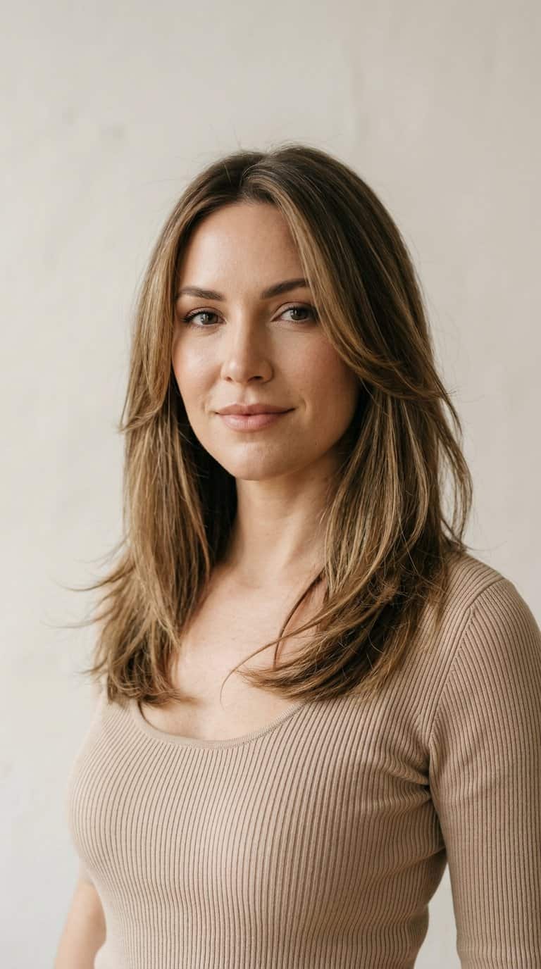 Woman with shoulder-length hair styled with soft wispy ends.