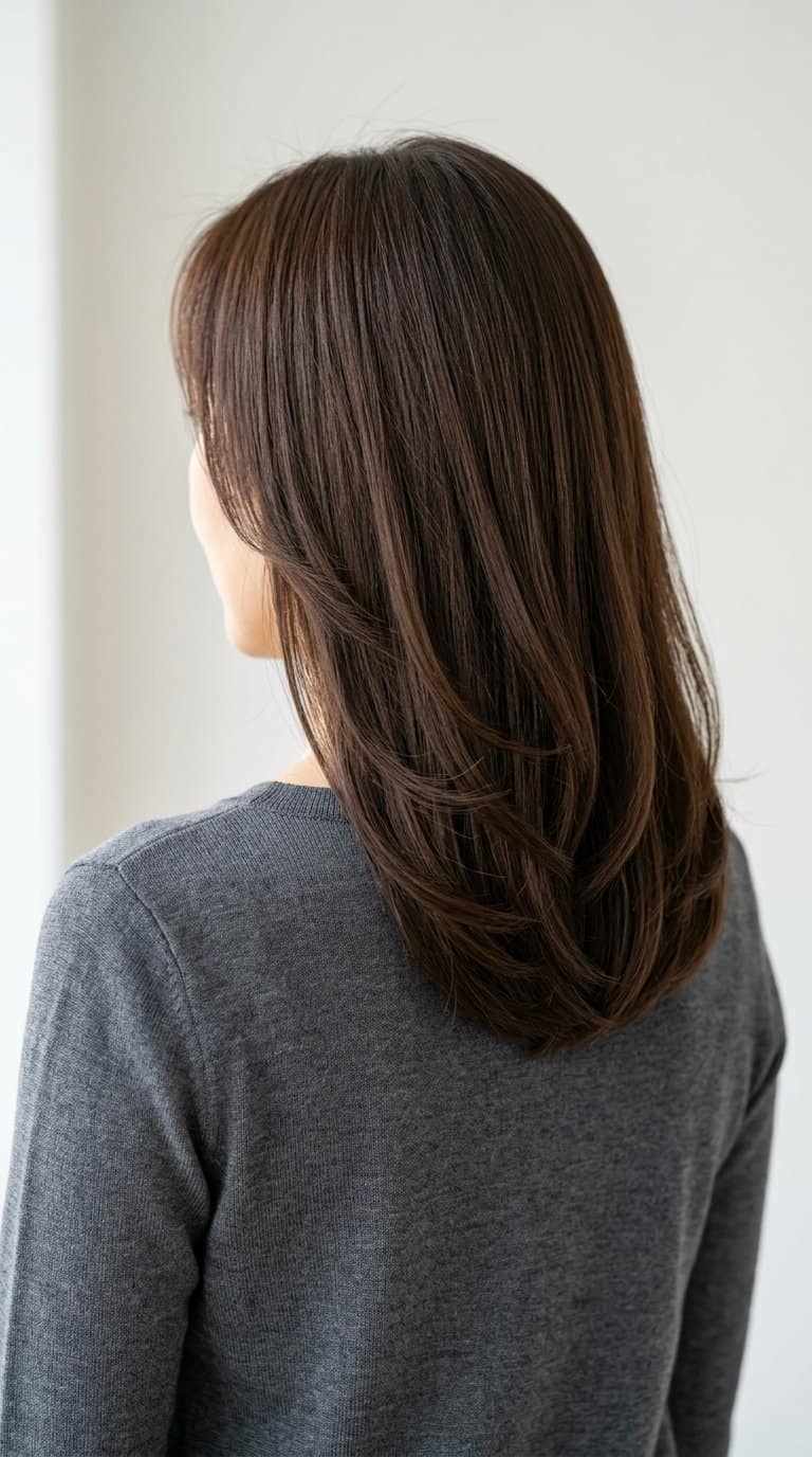 Woman shown from behind with smooth medium-length hair cut into a soft U shape.