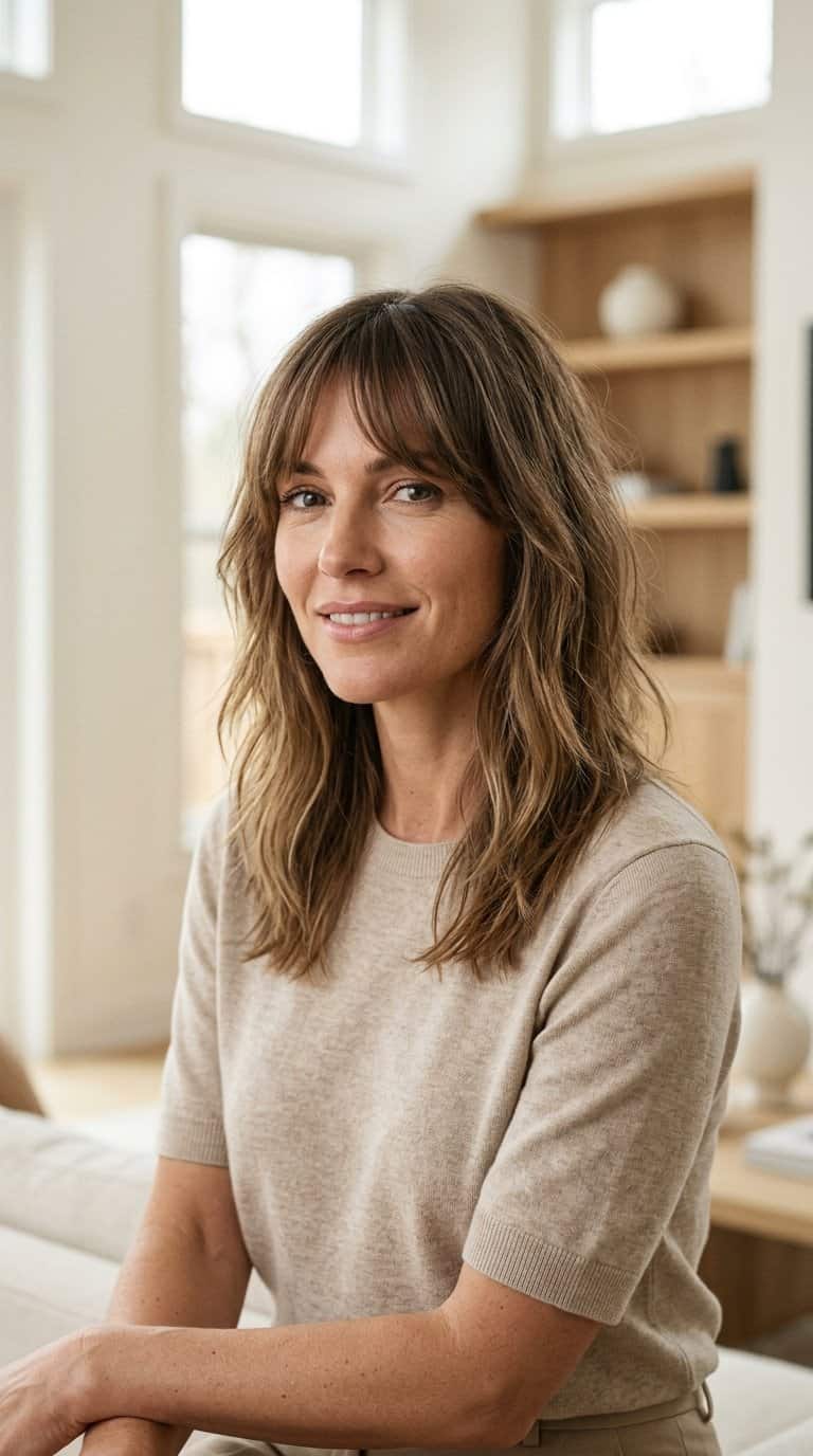A woman with shoulder-length layered hair poses indoors.