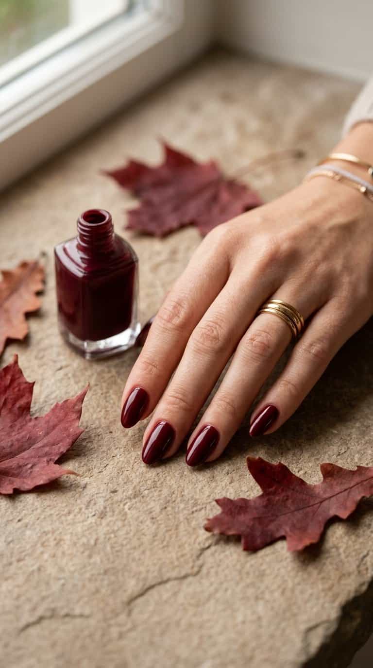 A manicured hand with glossy deep merlot red nails beside autumn leaves and a wine bottle.