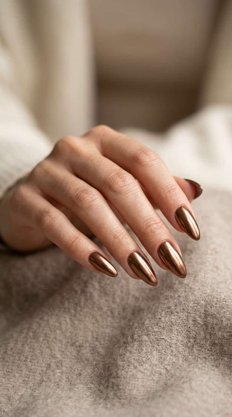 A hand with long almond-shaped nails painted metallic bronze rests against a neutral background.