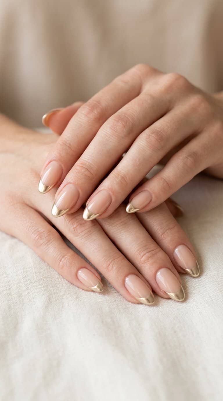 A close-up of a hand with nude nails finished with metallic gold French tips.