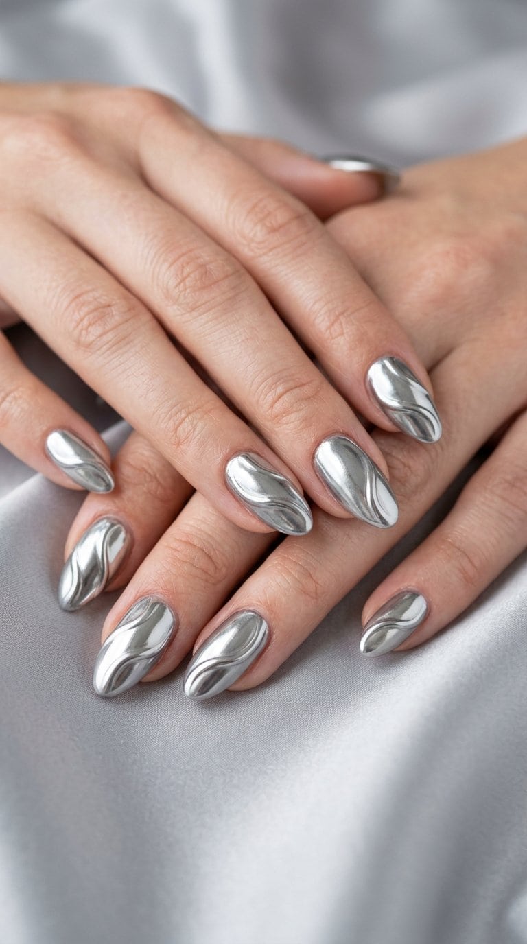A hand with glossy metallic silver swirl designs on its nails rests on a pale gray surface.