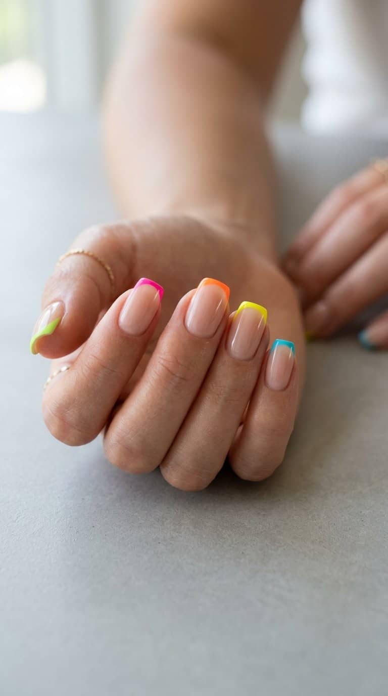 A close-up of a hand with alternating neon-colored micro French tip nails.