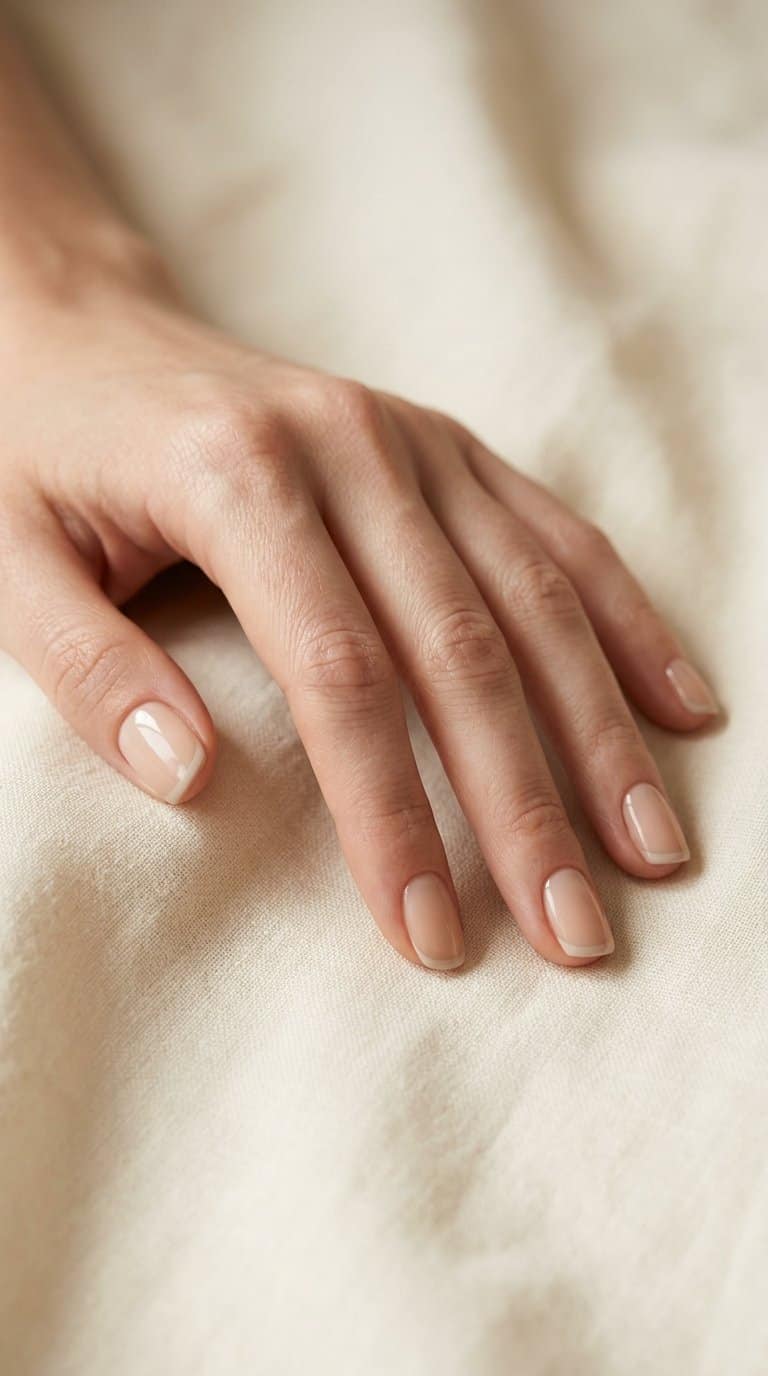 A hand with short nails featuring thin muted beige French tips rests on a light neutral surface.