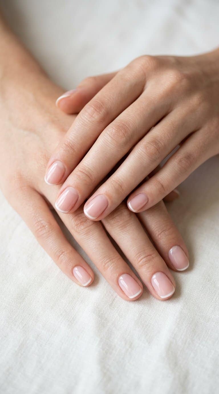 Close-up of hands with short nails painted with sheer polish and thin soft-white French tips.