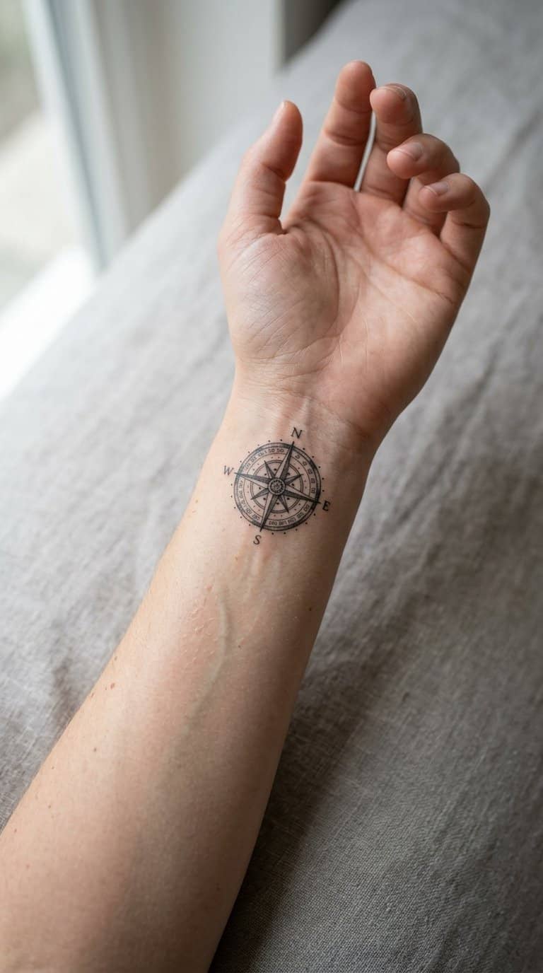 Close-up of a wrist with a small compass tattoo.